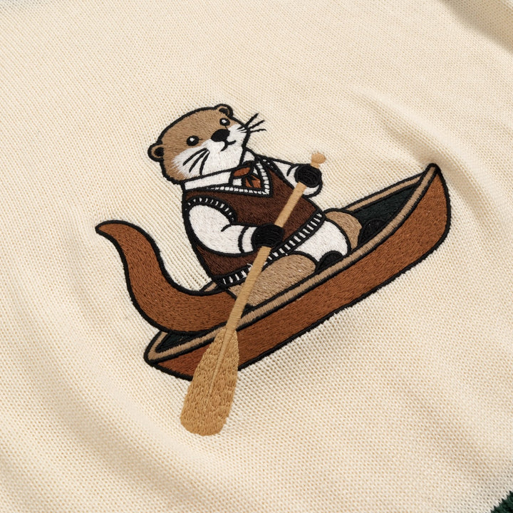 Women's Vintage Nautical Stripe Otter Embroidered Knit