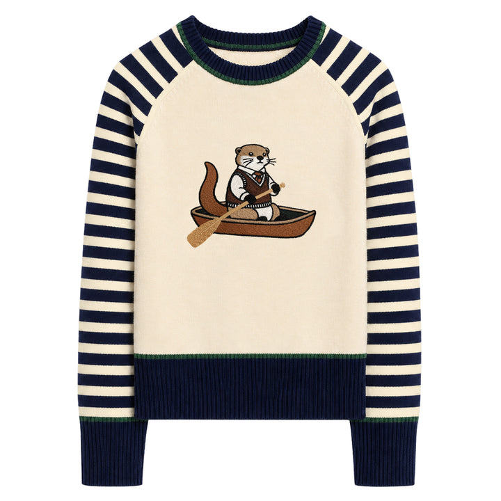 Women's Vintage Nautical Stripe Otter Embroidered Knit
