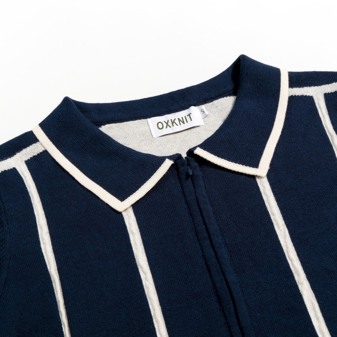 Vestido de Malha Vintage Minimalista com Risca e Laço Azul Marinho para Mulher