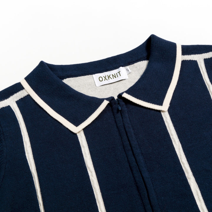 Vestido de Malha Vintage Minimalista com Risca e Laço Azul Marinho para Mulher