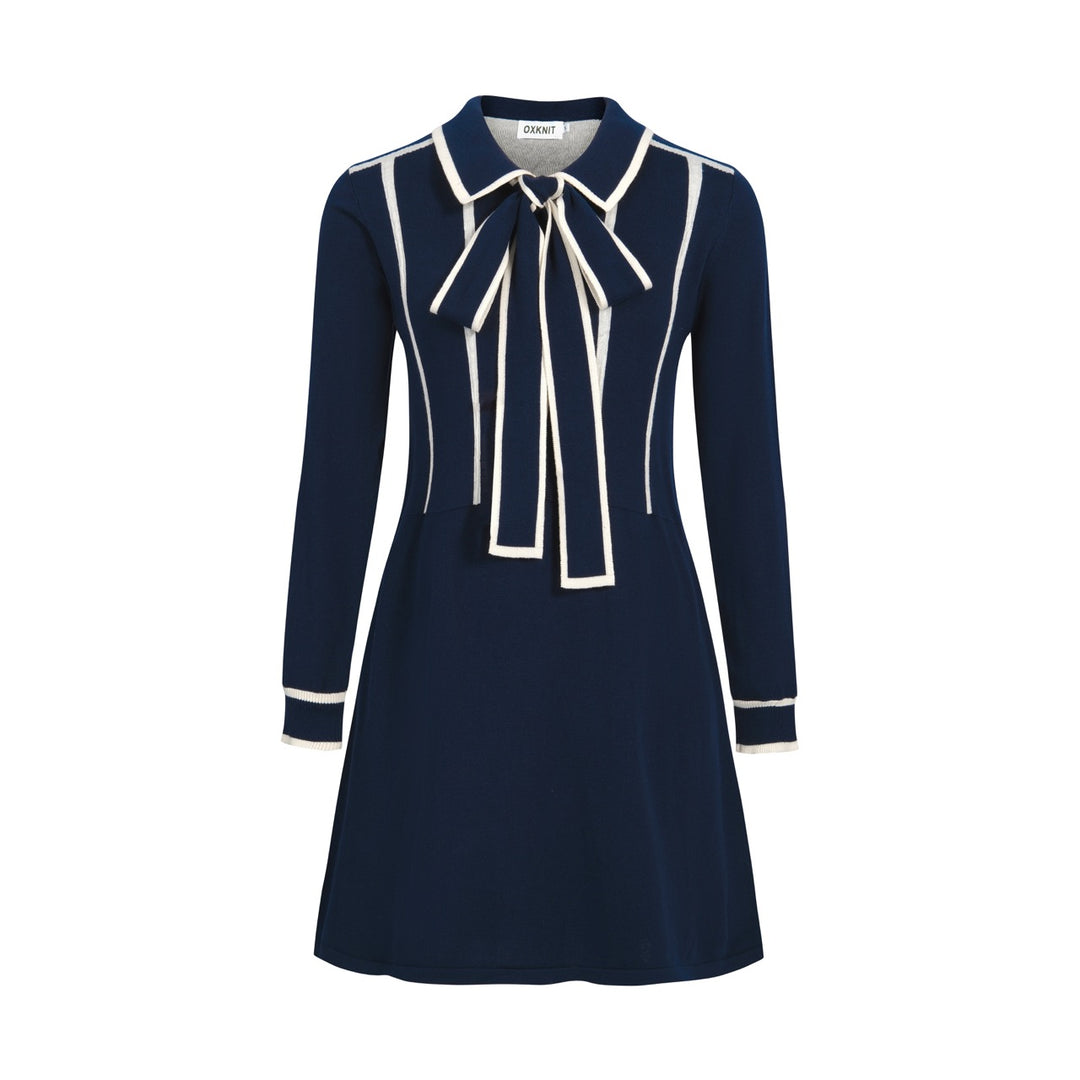 Vestido de Malha Vintage Minimalista com Risca e Laço Azul Marinho para Mulher