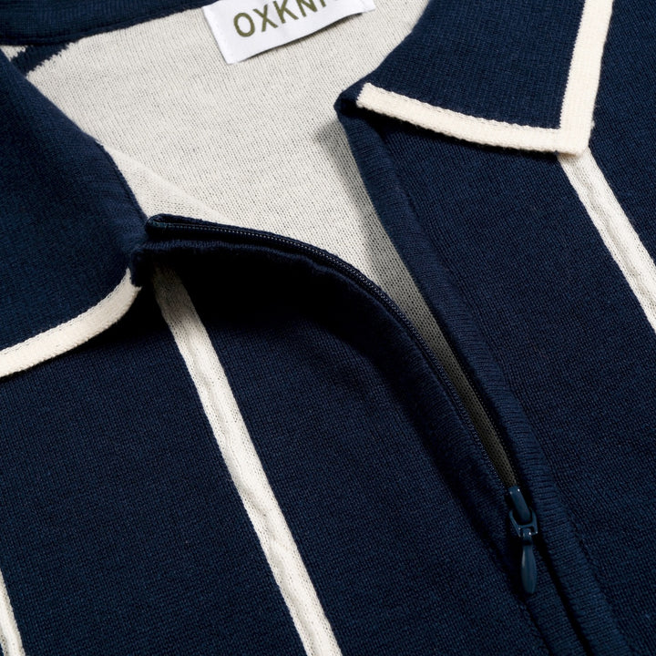 Vestido de Malha Vintage Minimalista com Risca e Laço Azul Marinho para Mulher