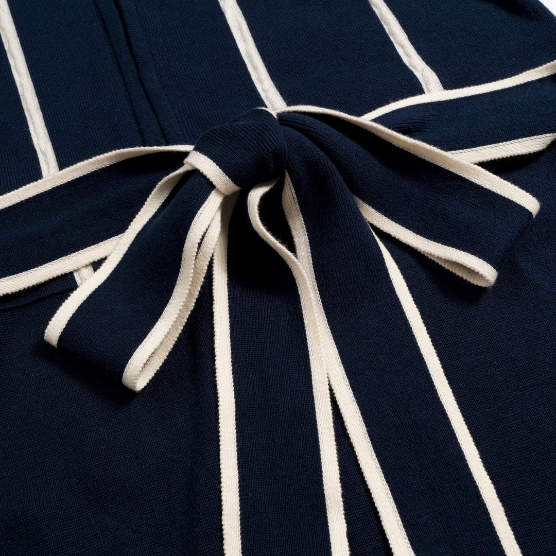 Vestido de Malha Vintage Minimalista com Risca e Laço Azul Marinho para Mulher