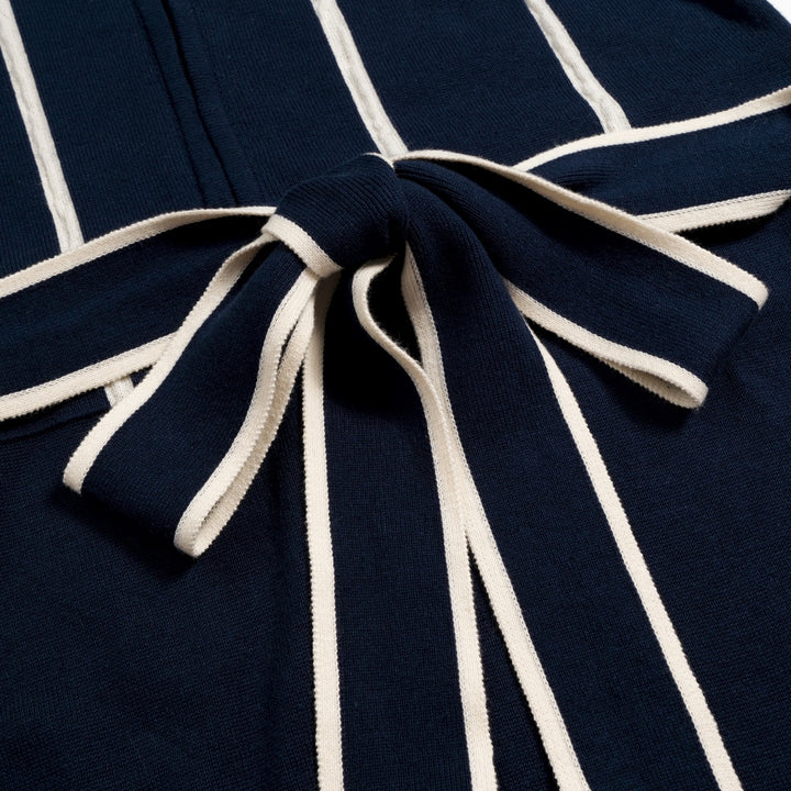 Vestido de Malha Vintage Minimalista com Risca e Laço Azul Marinho para Mulher