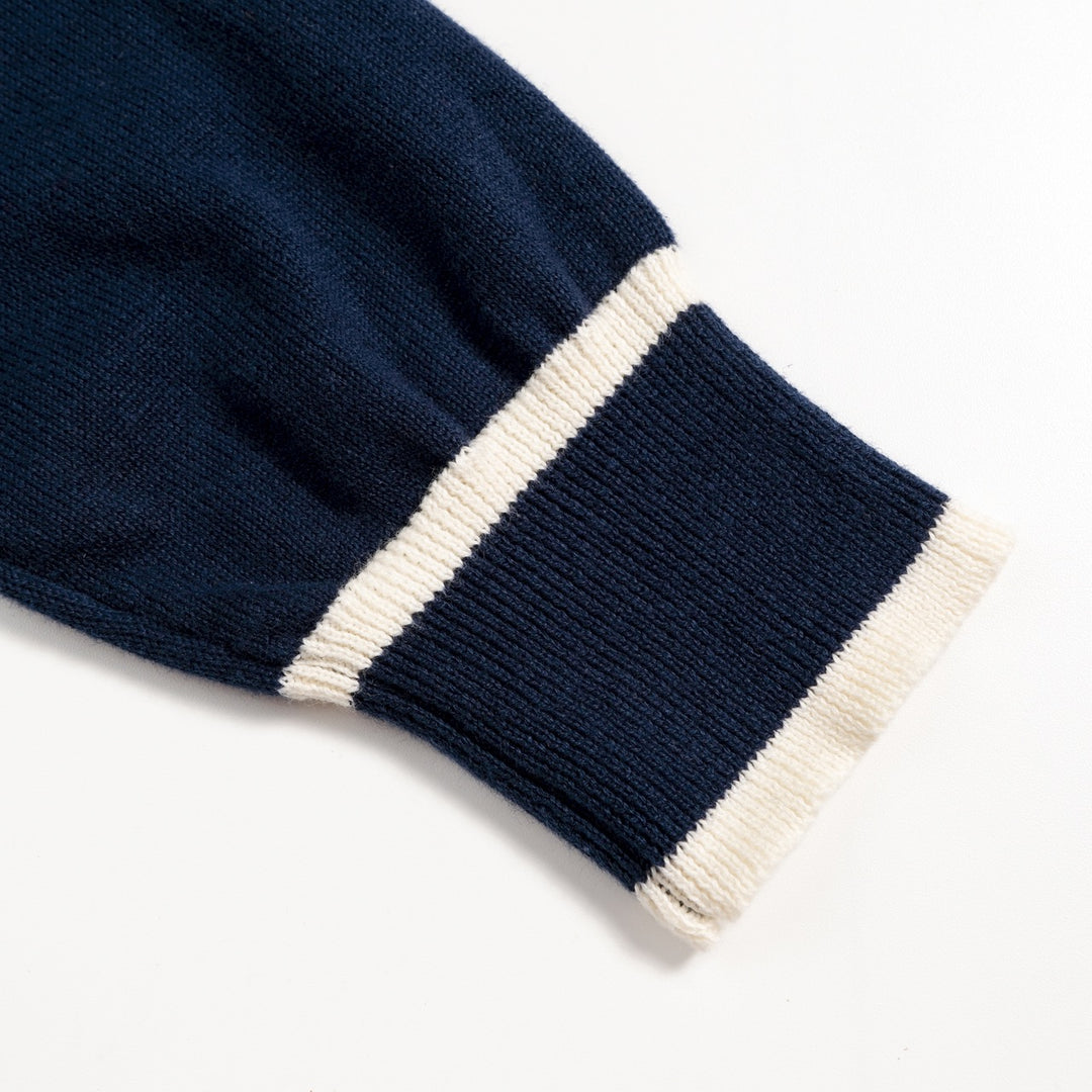 Vestido de Malha Vintage Minimalista com Risca e Laço Azul Marinho para Mulher