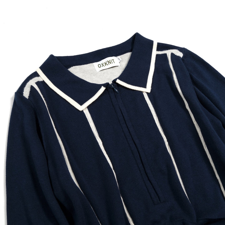 Vestido de Malha Vintage Minimalista com Risca e Laço Azul Marinho para Mulher