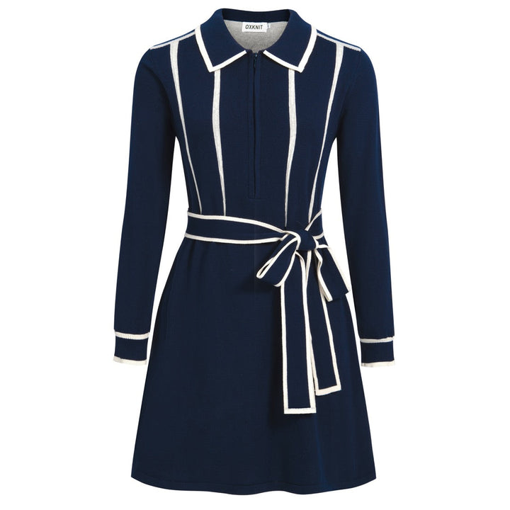 Vestido de Malha Vintage Minimalista com Risca e Laço Azul Marinho para Mulher