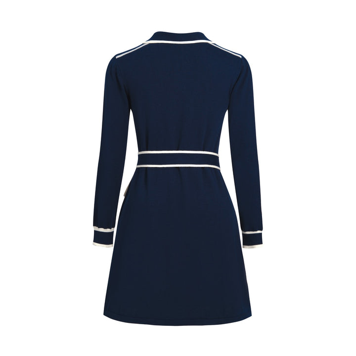 Vestido de Malha Vintage Minimalista com Risca e Laço Azul Marinho para Mulher
