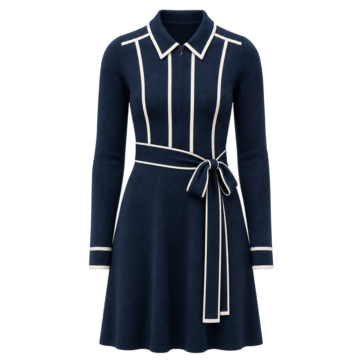 Women's Navy Blue Vintage Minimal Stripe Tie Knit Dress