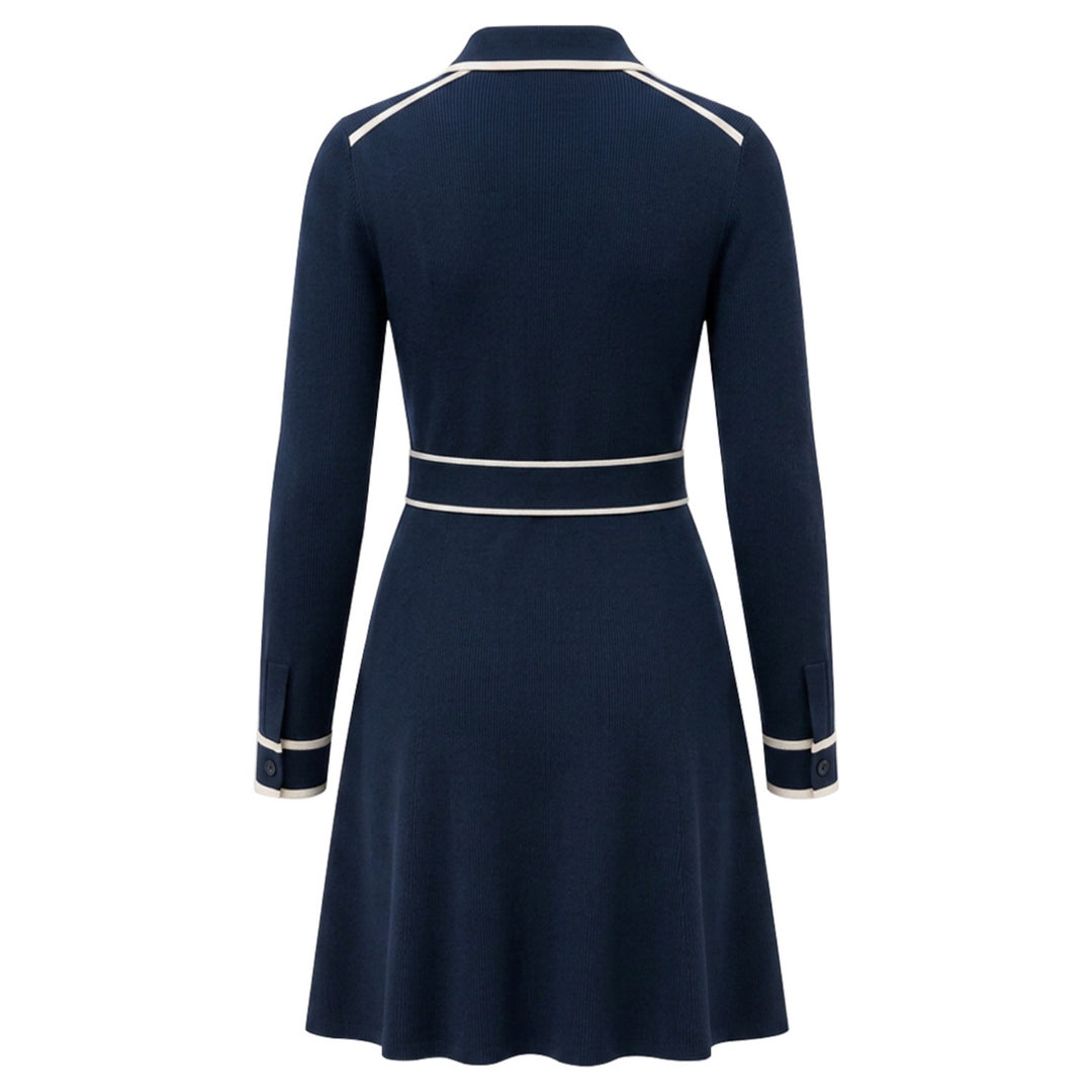 Women's Navy Blue Vintage Minimal Stripe Tie Knit Dress