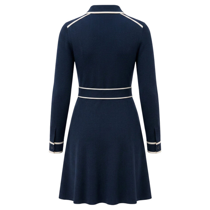 Women's Navy Blue Vintage Minimal Stripe Tie Knit Dress