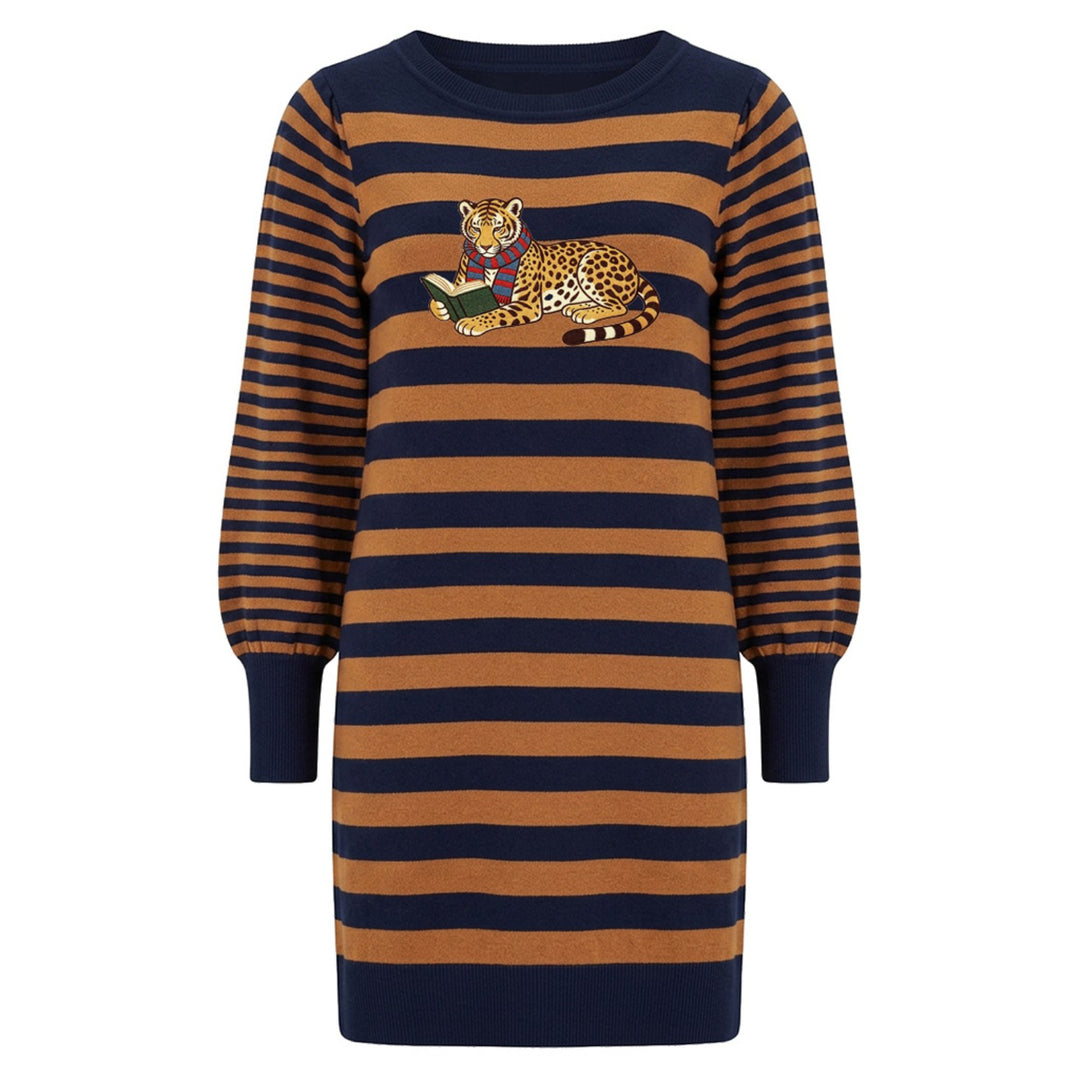 Women's 70s Color Block Stripe Animal Embroidered Knit Dress