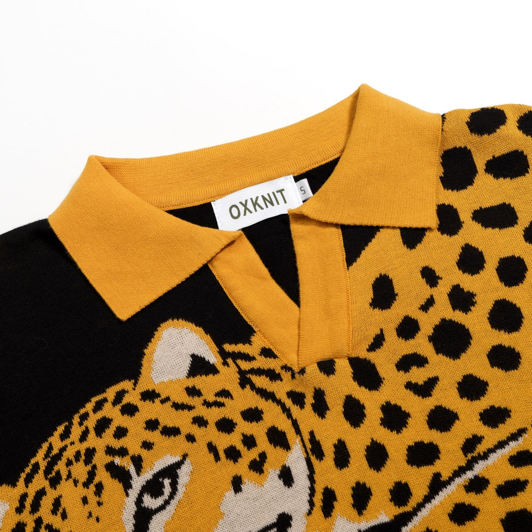 Herre Sort 70-talls Cheetah Jacquard Polo Strikkegenser