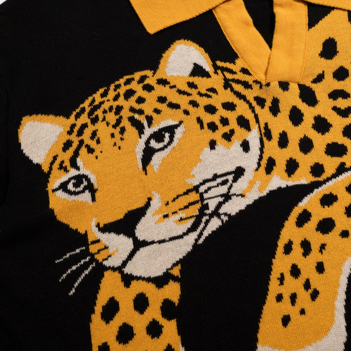 Herre Sort 70-talls Cheetah Jacquard Polo Strikkegenser