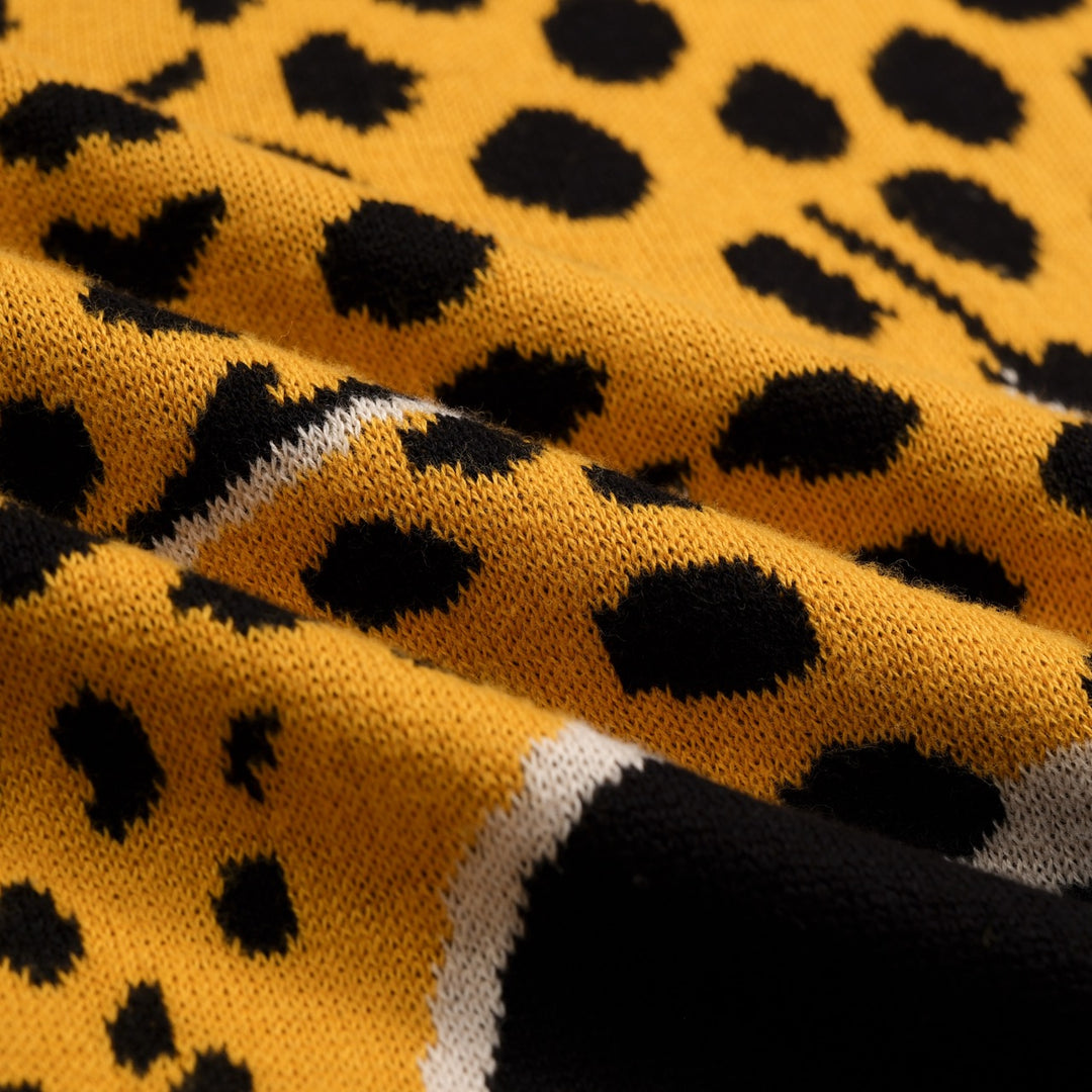 Herre Sort 70-talls Cheetah Jacquard Polo Strikkegenser