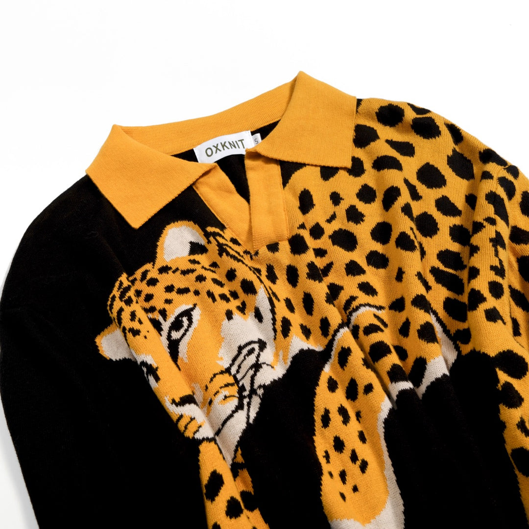 Herre Sort 70-talls Cheetah Jacquard Polo Strikkegenser