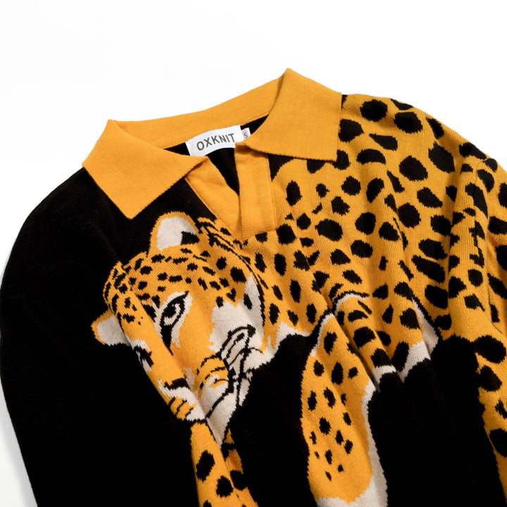 Herre Sort 70-talls Cheetah Jacquard Polo Strikkegenser