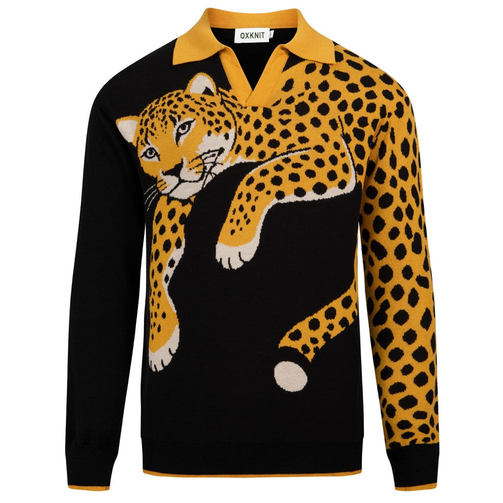 Herre Sort 70-talls Cheetah Jacquard Polo Strikkegenser