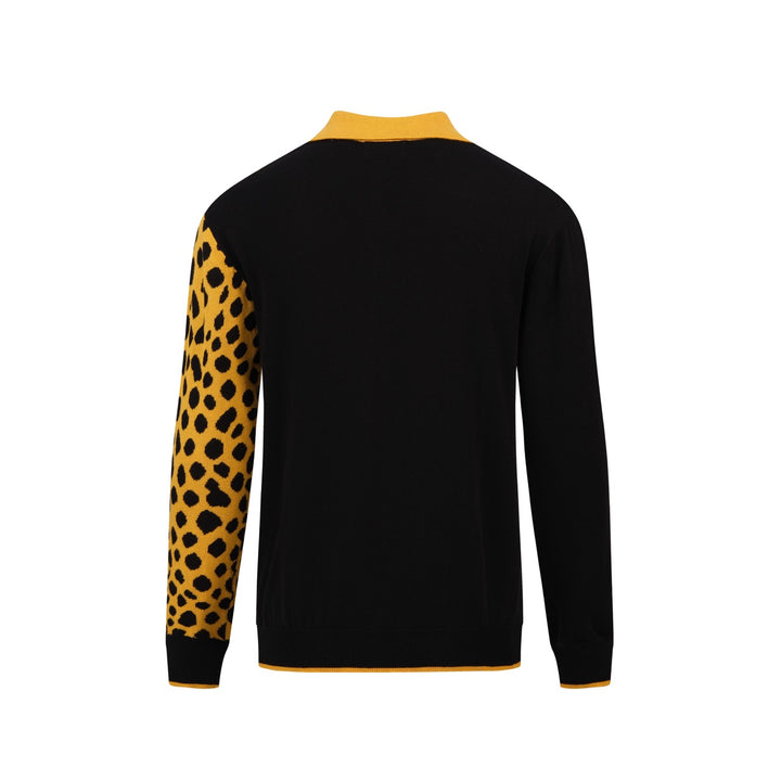 Herre Sort 70-talls Cheetah Jacquard Polo Strikkegenser