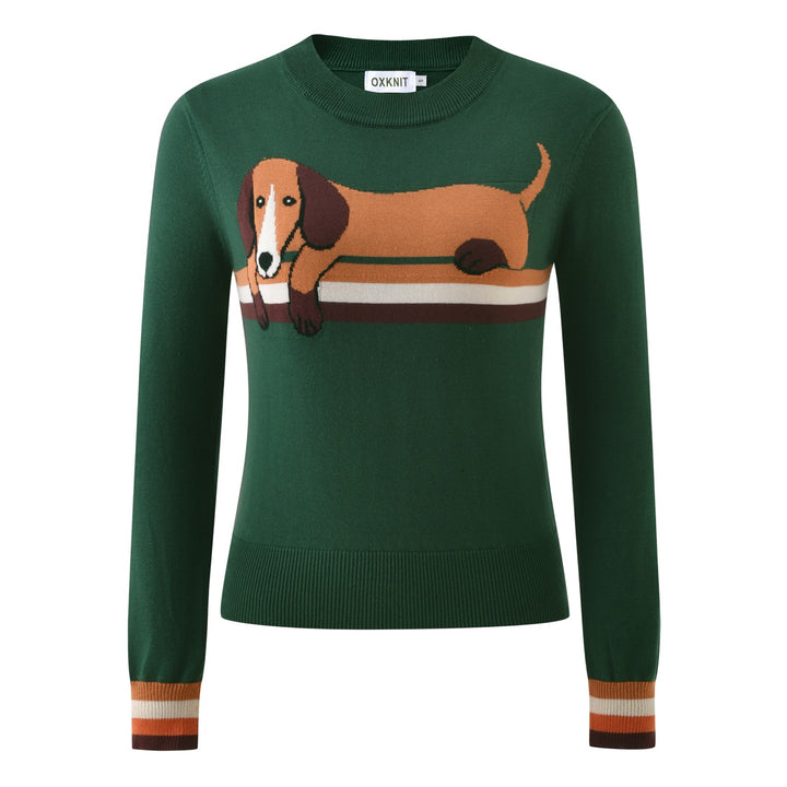 Women's Dark Green Vintage Dachshund Jacquard Knit
