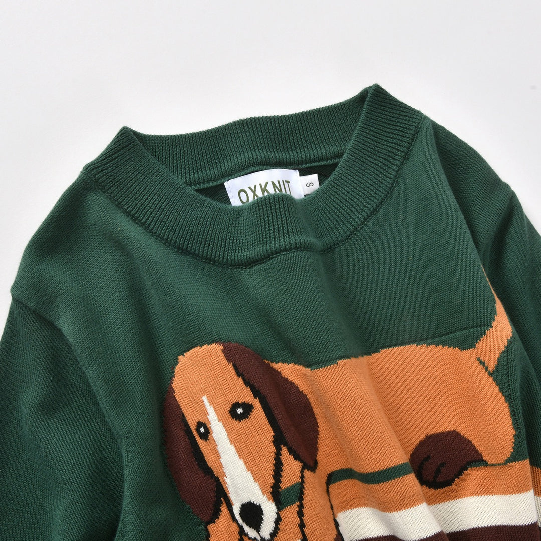 Women's Dark Green Vintage Dachshund Jacquard Knit