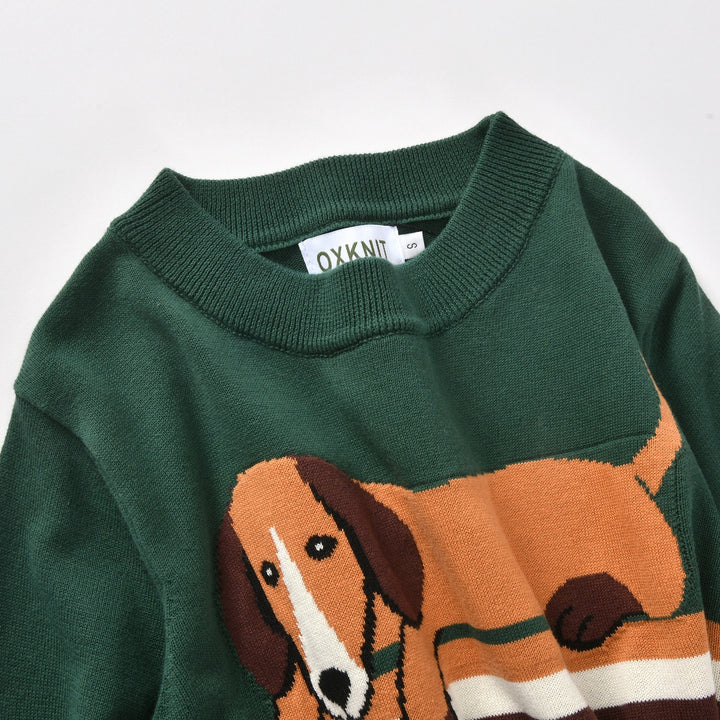 Women's Dark Green Vintage Dachshund Jacquard Knit