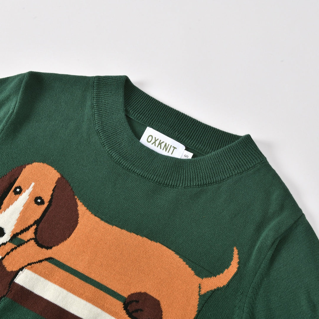 Women's Dark Green Vintage Dachshund Jacquard Knit