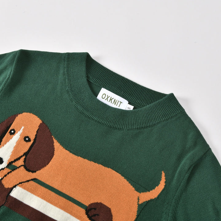 Women's Dark Green Vintage Dachshund Jacquard Knit