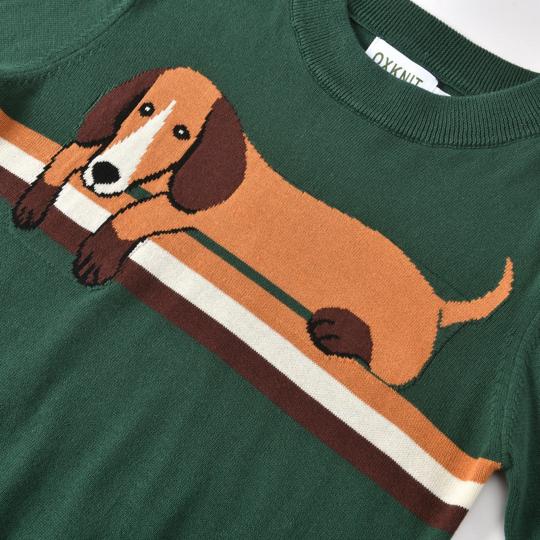 Women's Dark Green Vintage Dachshund Jacquard Knit