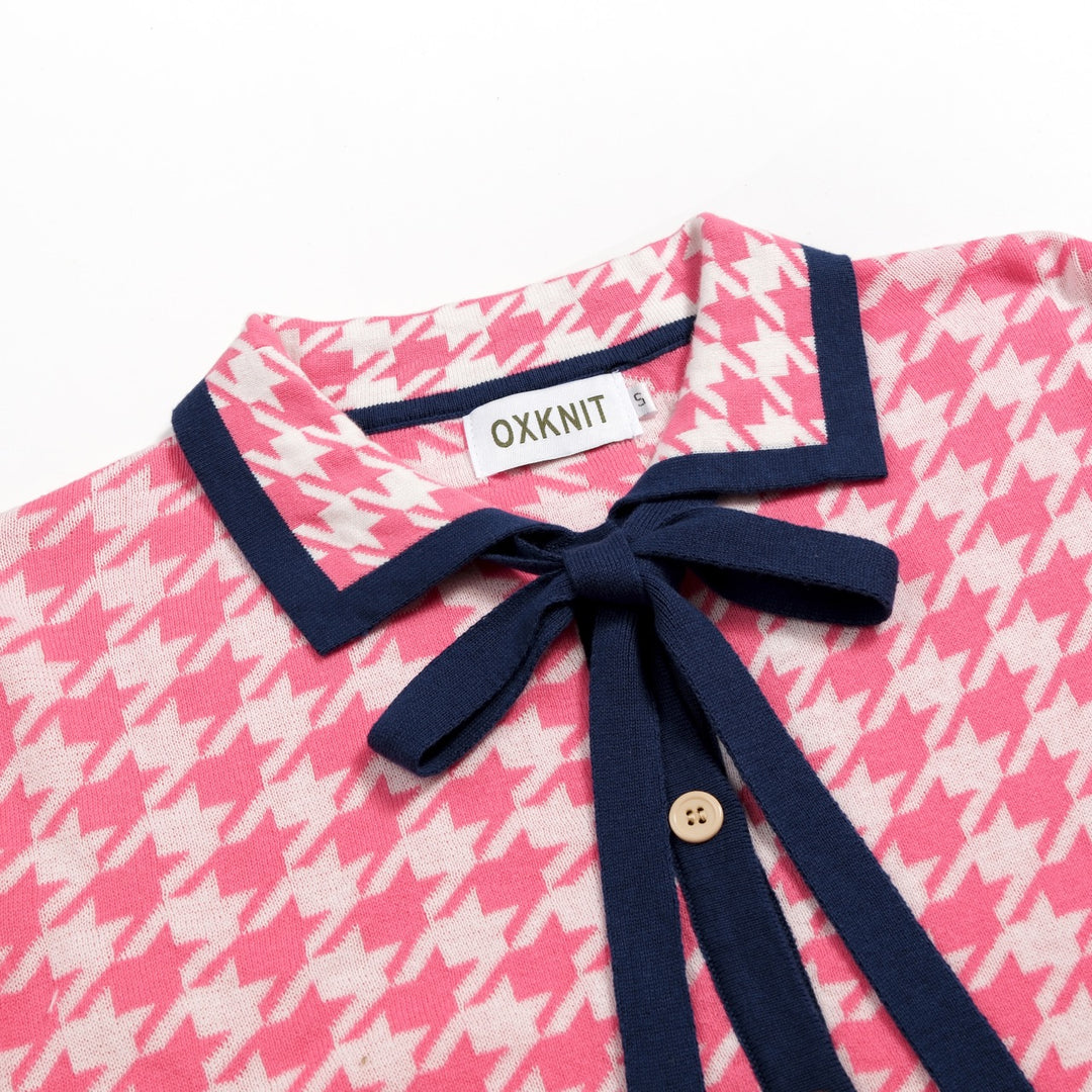 Cardigan de Malha Jacquard Vintage Rosa para Mulher com Laço Clássico e Padrão Pied-de-Poule