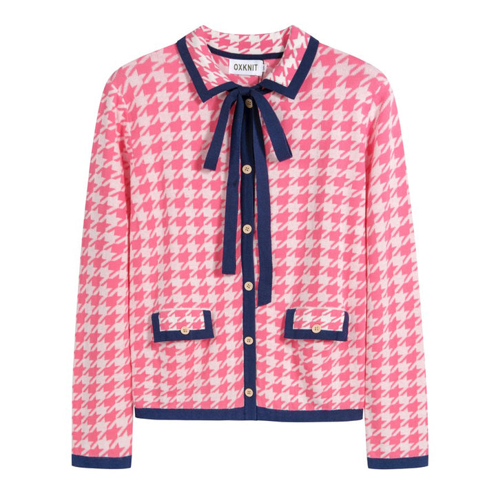 Cardigan de Malha Jacquard Vintage Rosa para Mulher com Laço Clássico e Padrão Pied-de-Poule