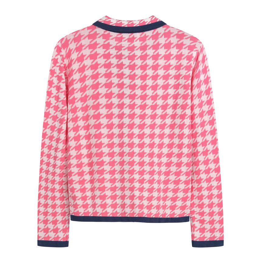 Cardigan de Malha Jacquard Vintage Rosa para Mulher com Laço Clássico e Padrão Pied-de-Poule