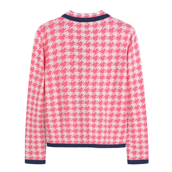 Cardigan de Malha Jacquard Vintage Rosa para Mulher com Laço Clássico e Padrão Pied-de-Poule