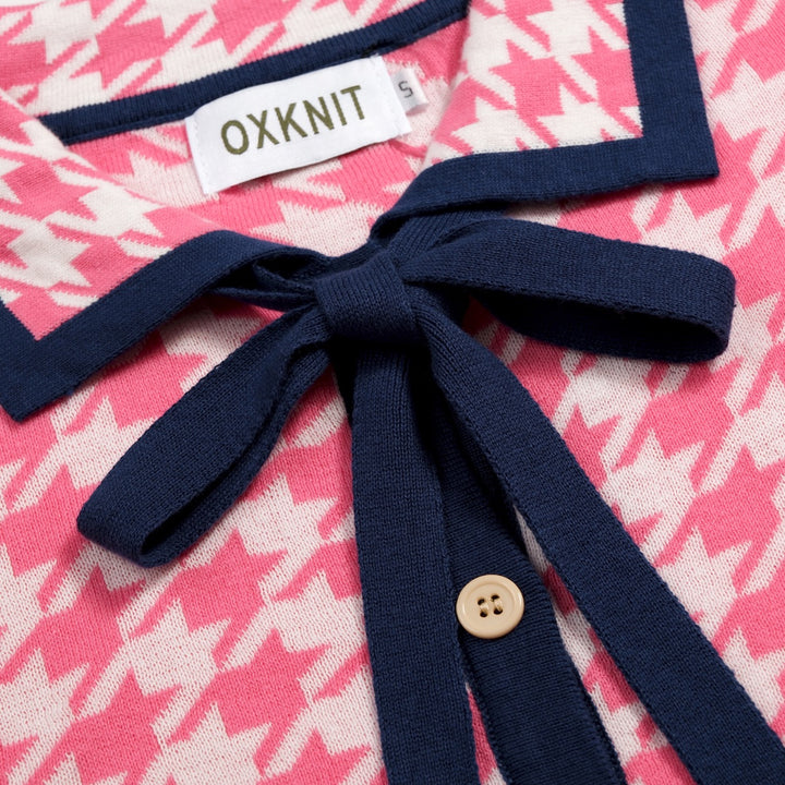 Cardigan de Malha Jacquard Vintage Rosa para Mulher com Laço Clássico e Padrão Pied-de-Poule