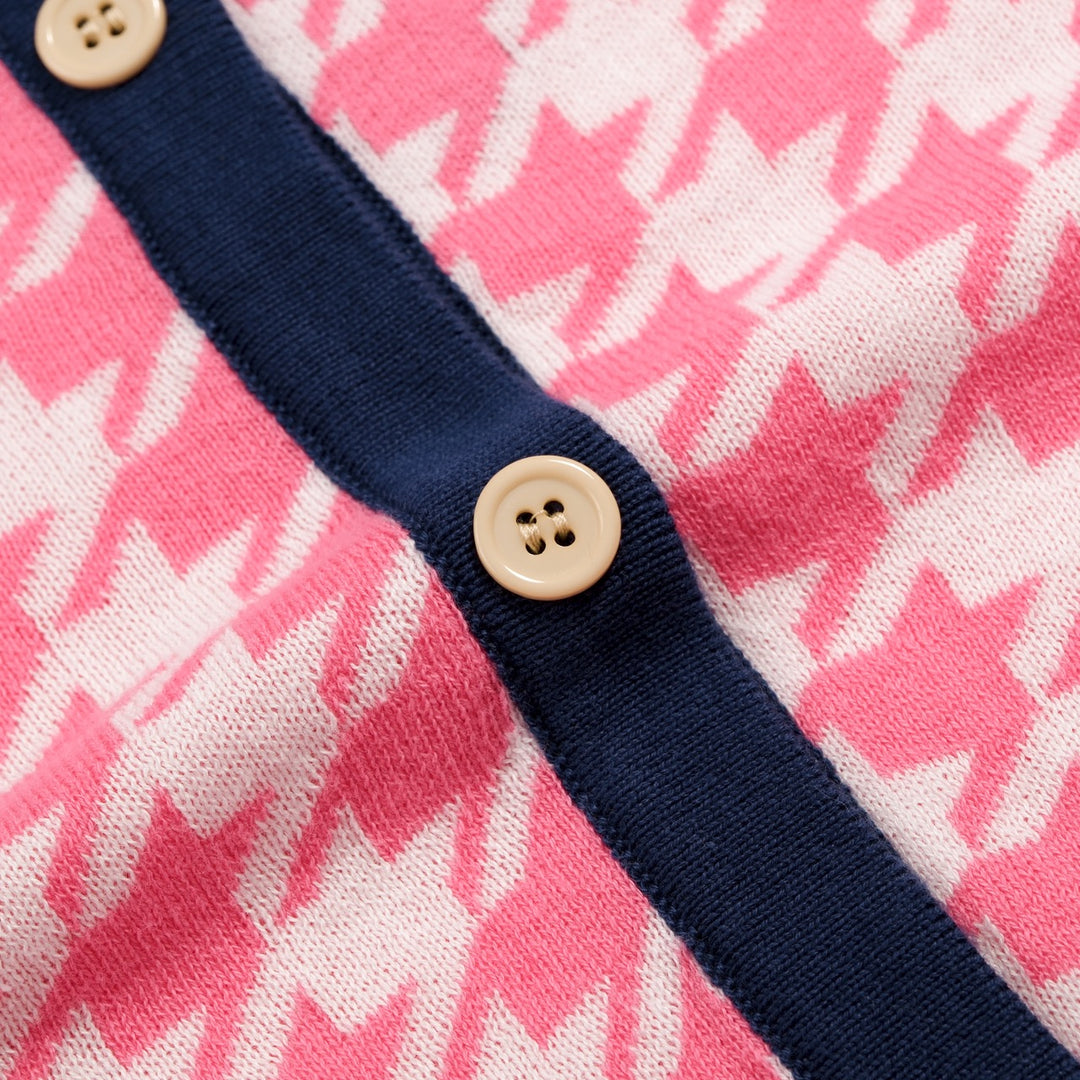 Cardigan de Malha Jacquard Vintage Rosa para Mulher com Laço Clássico e Padrão Pied-de-Poule