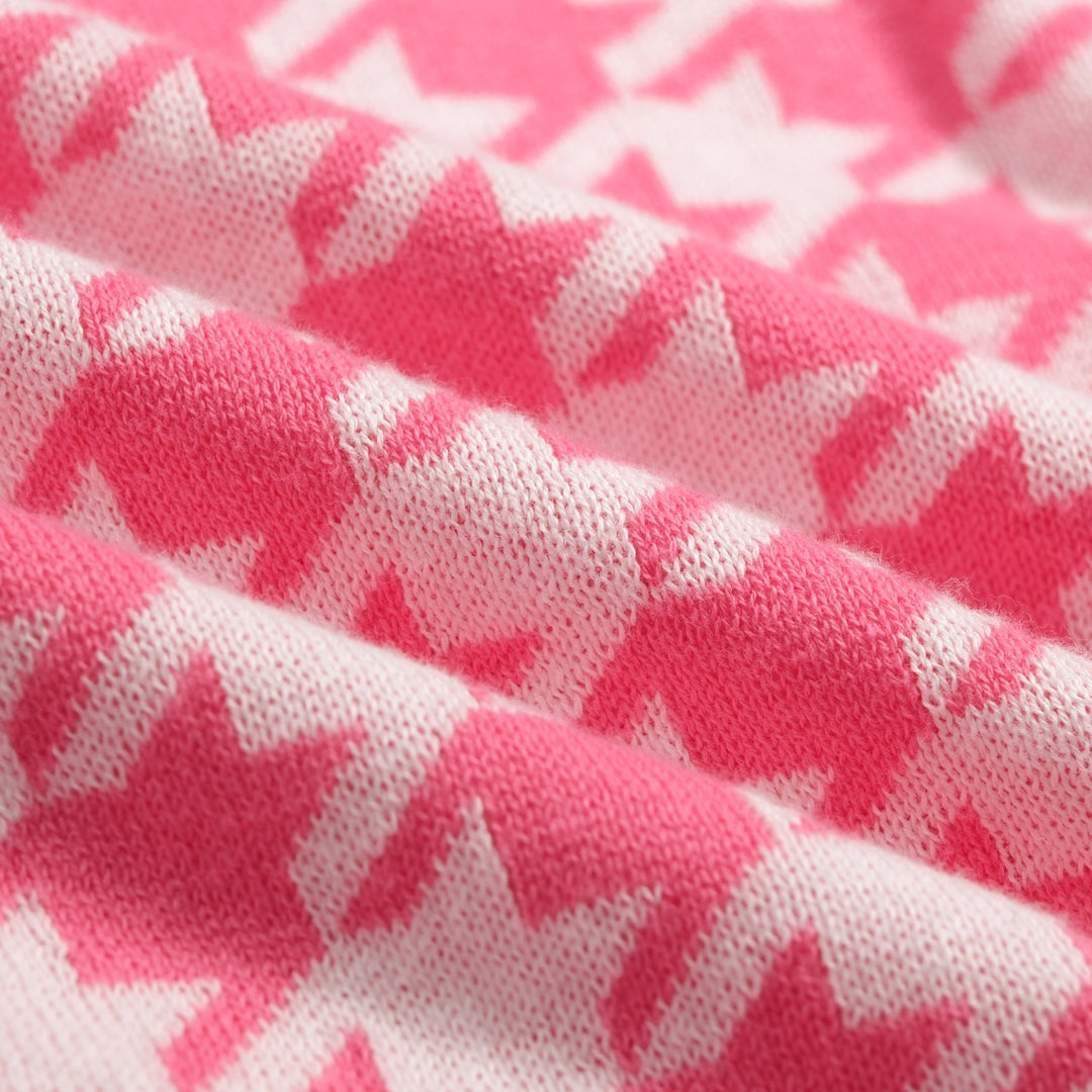 Cardigan de Malha Jacquard Vintage Rosa para Mulher com Laço Clássico e Padrão Pied-de-Poule