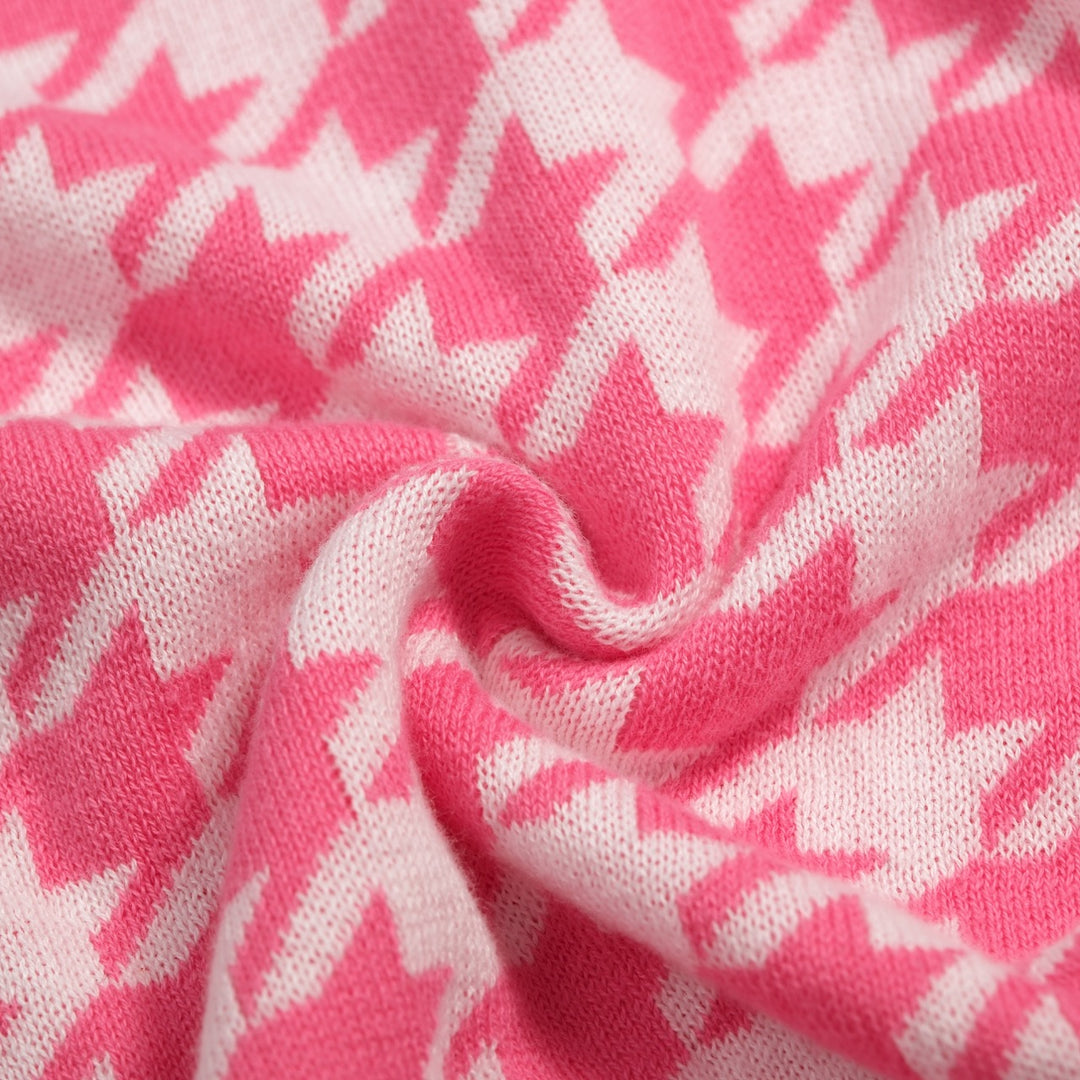 Cardigan de Malha Jacquard Vintage Rosa para Mulher com Laço Clássico e Padrão Pied-de-Poule