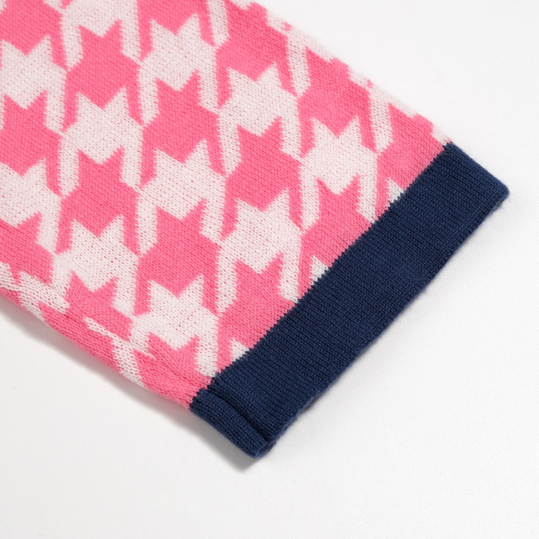 Cardigan de Malha Jacquard Vintage Rosa para Mulher com Laço Clássico e Padrão Pied-de-Poule