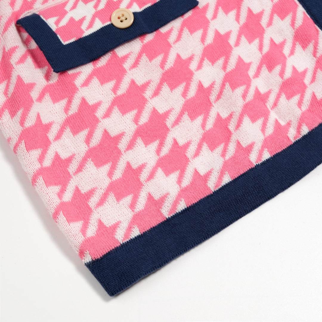 Cardigan de Malha Jacquard Vintage Rosa para Mulher com Laço Clássico e Padrão Pied-de-Poule