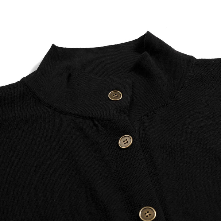 Women's Black Vintage Minimalist Turtleneck Puff Sleeve Knit Cardigan