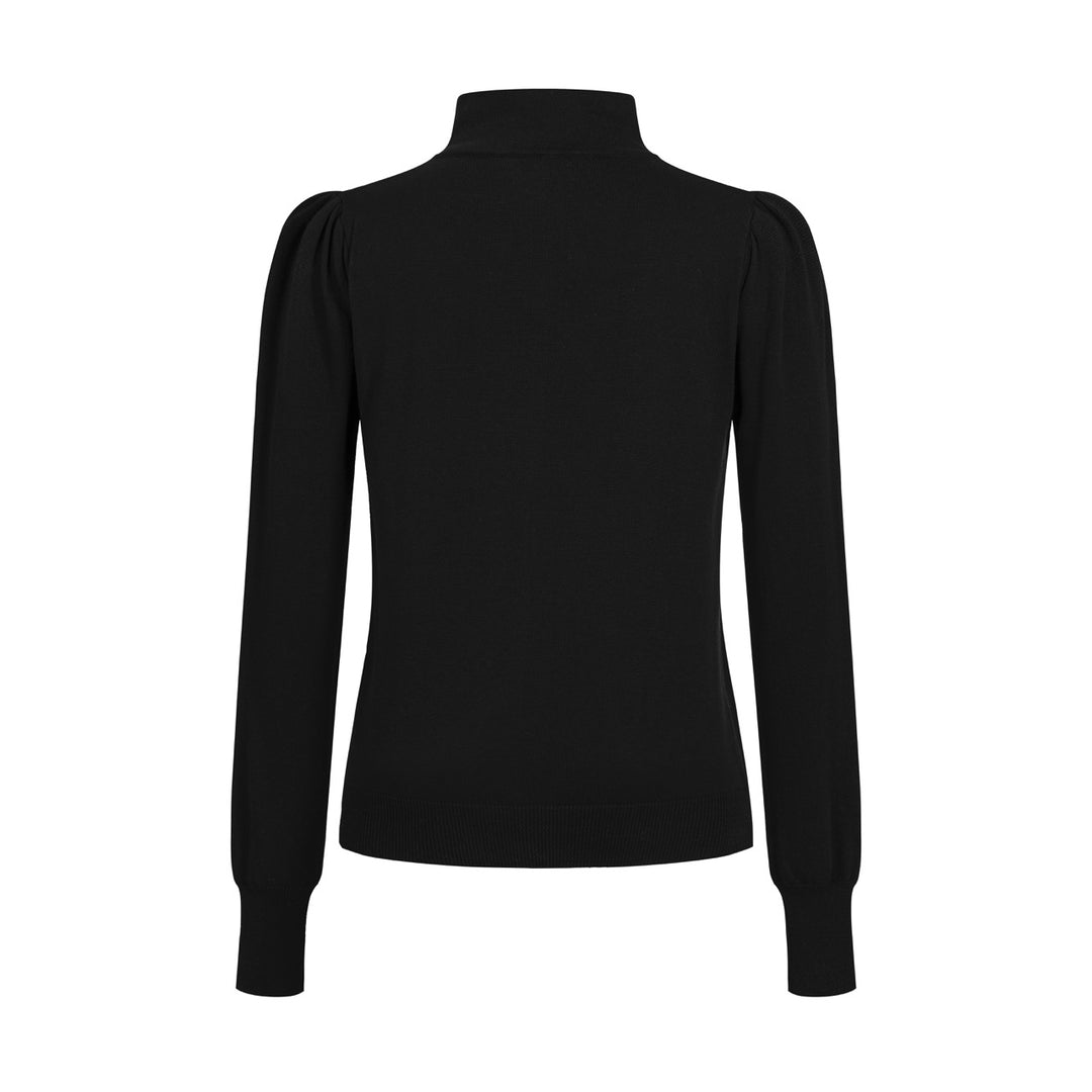Women's Black Vintage Minimalist Turtleneck Puff Sleeve Knit Cardigan