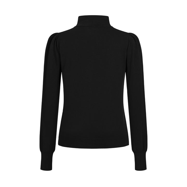 Women's Black Vintage Minimalist Turtleneck Puff Sleeve Knit Cardigan