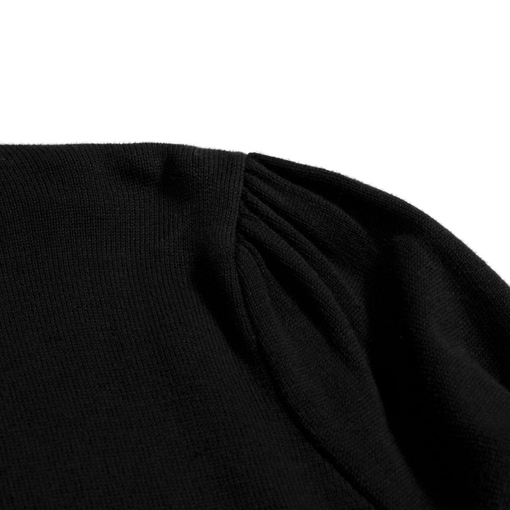 Women's Black Vintage Minimalist Turtleneck Puff Sleeve Knit Cardigan