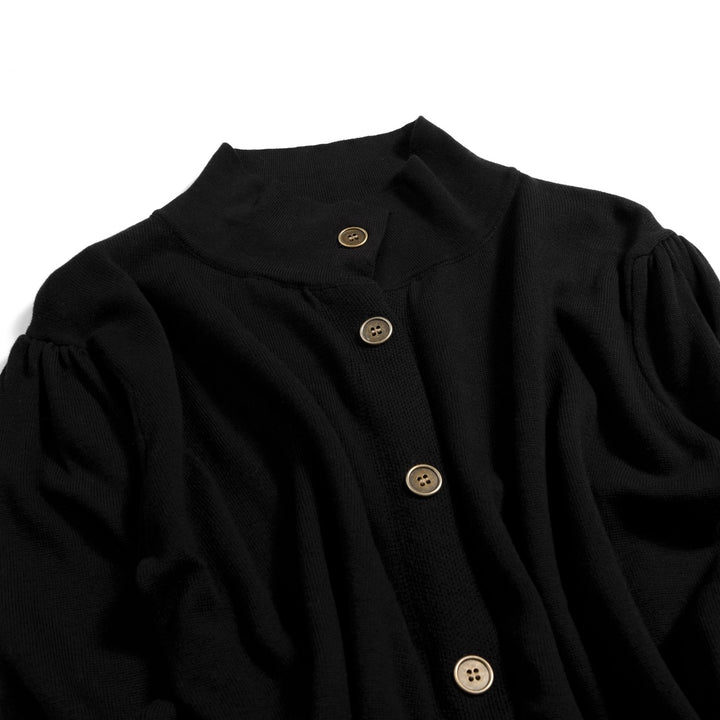 Women's Black Vintage Minimalist Turtleneck Puff Sleeve Knit Cardigan