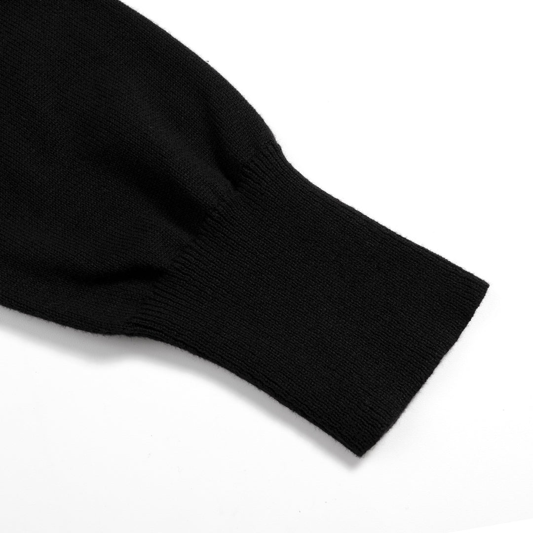 Women's Black Vintage Minimalist Turtleneck Puff Sleeve Knit Cardigan