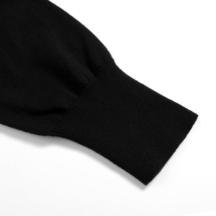 Women's Black Vintage Minimalist Turtleneck Puff Sleeve Knit Cardigan