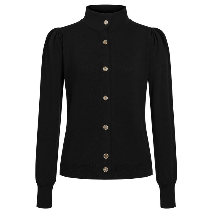 Women's Black Vintage Minimalist Turtleneck Puff Sleeve Knit Cardigan