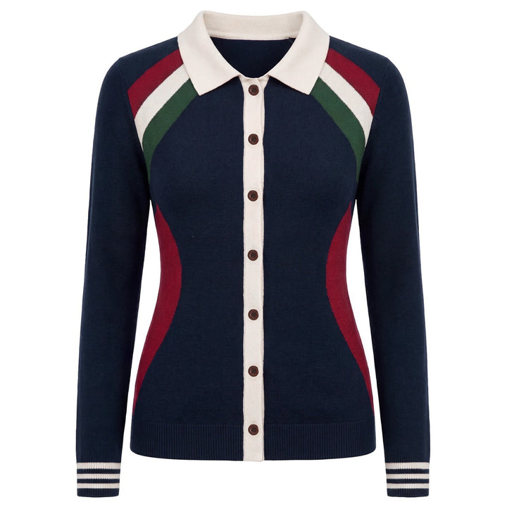 Damen Retro Navyblauer 70er Jahre Gestreifter Jacquard-Strickpullover