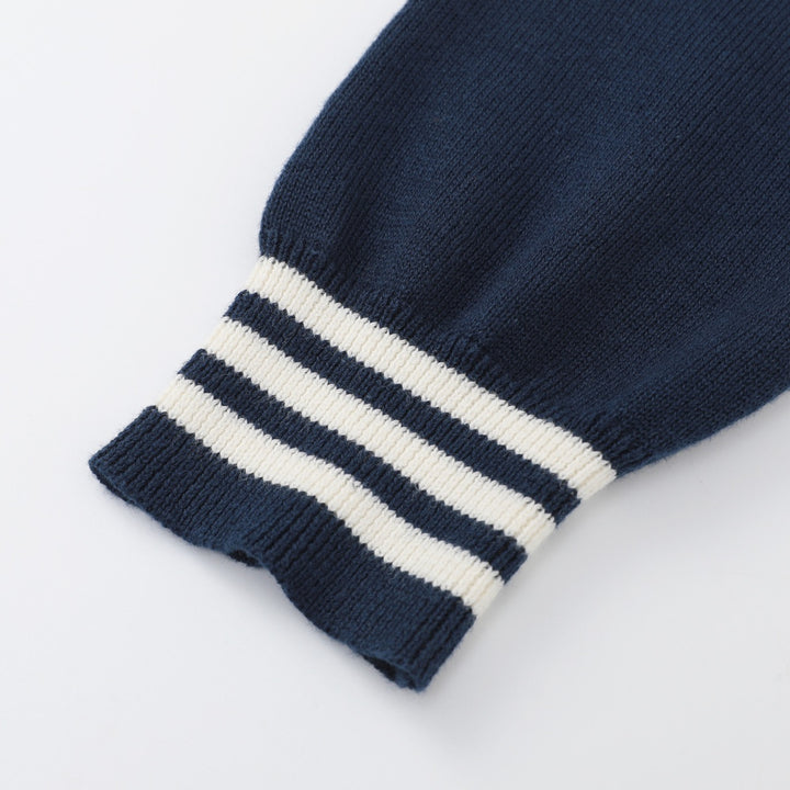 Damen Retro Navyblauer 70er Jahre Gestreifter Jacquard-Strickpullover