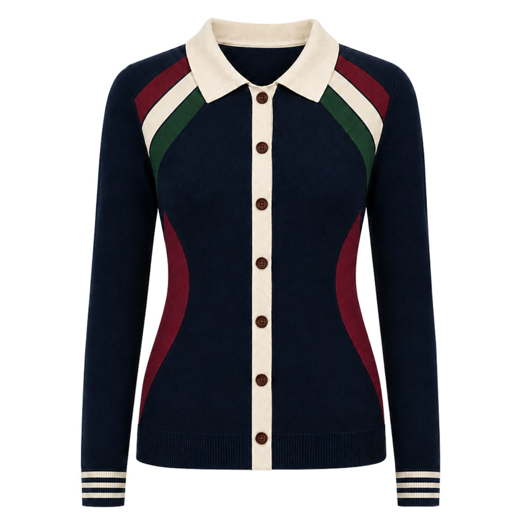 Women's Retro Navy Blue 70s Striped Jacquard Knitwear